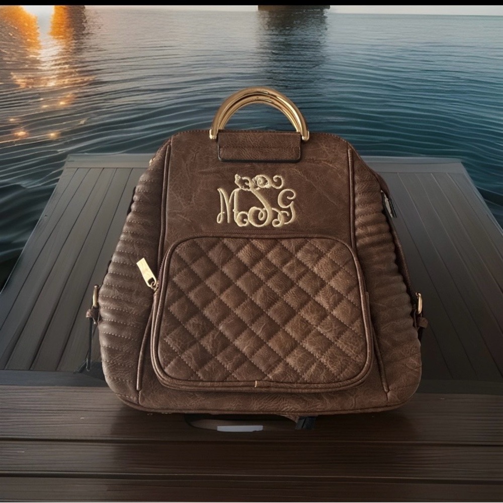 Monogrammed Brown Quilted Backpack Gold Handle Chic